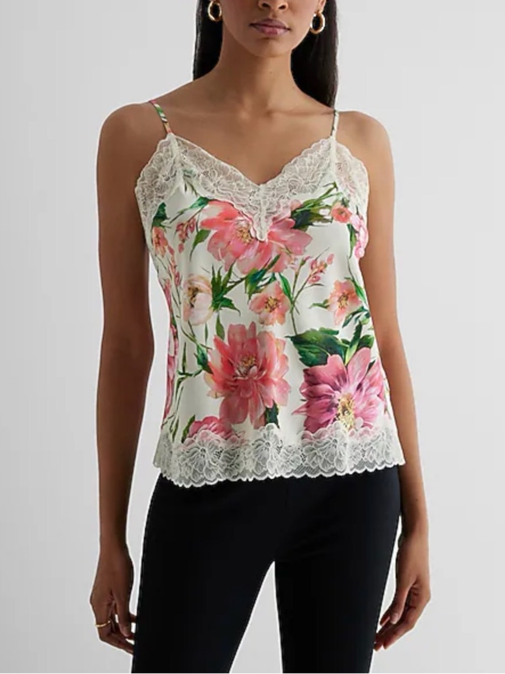 Express White Floral Lace-Trim “Downtown Cami” with Pink Flowers